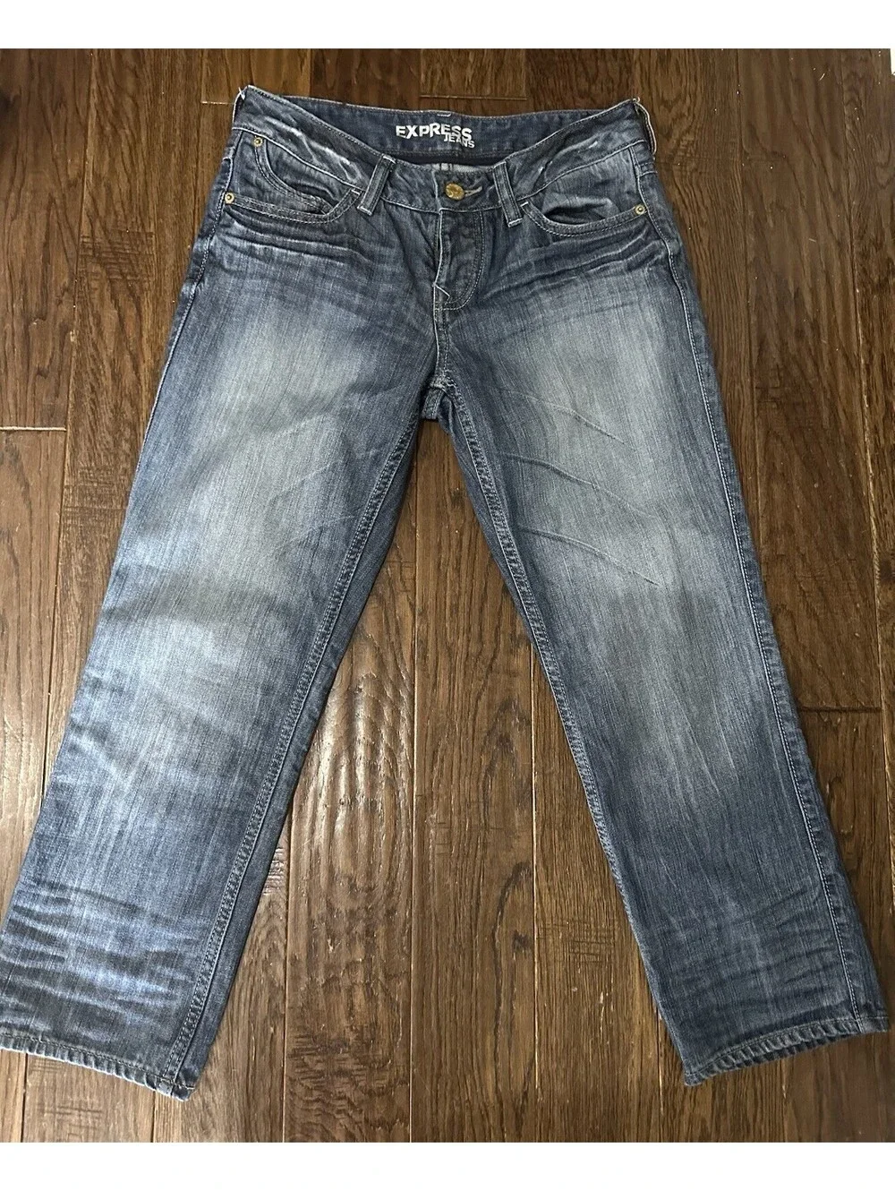 Express Blue Denim Jeans Slim Fit crop Leg Low Rise Button Fly Pockets